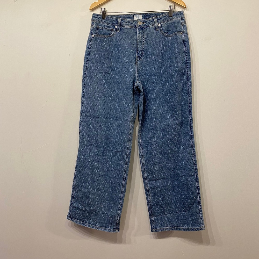 Time and Tru 14 Wide Leg Y2K Maximalist Jeans Blue Embellished Textured Dash